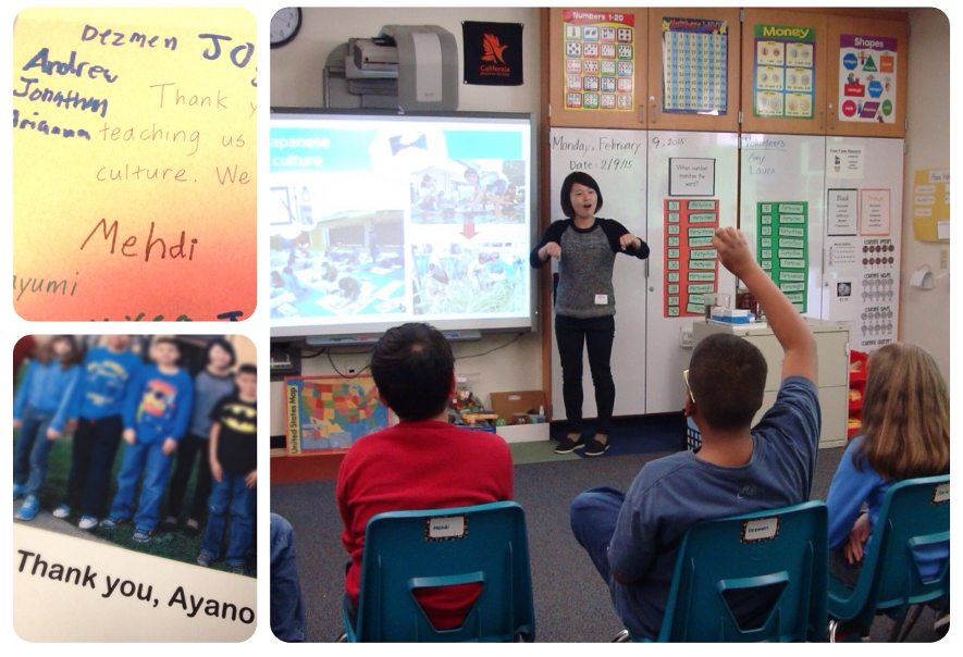 米国カリフォルニア州フリーモントろう学校小学部の児童に日本の文化やろう学校などについて説明する様子。（2015年2月）